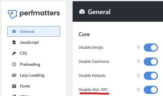 deshabilitar xmlrpc WordPress Perfmatters