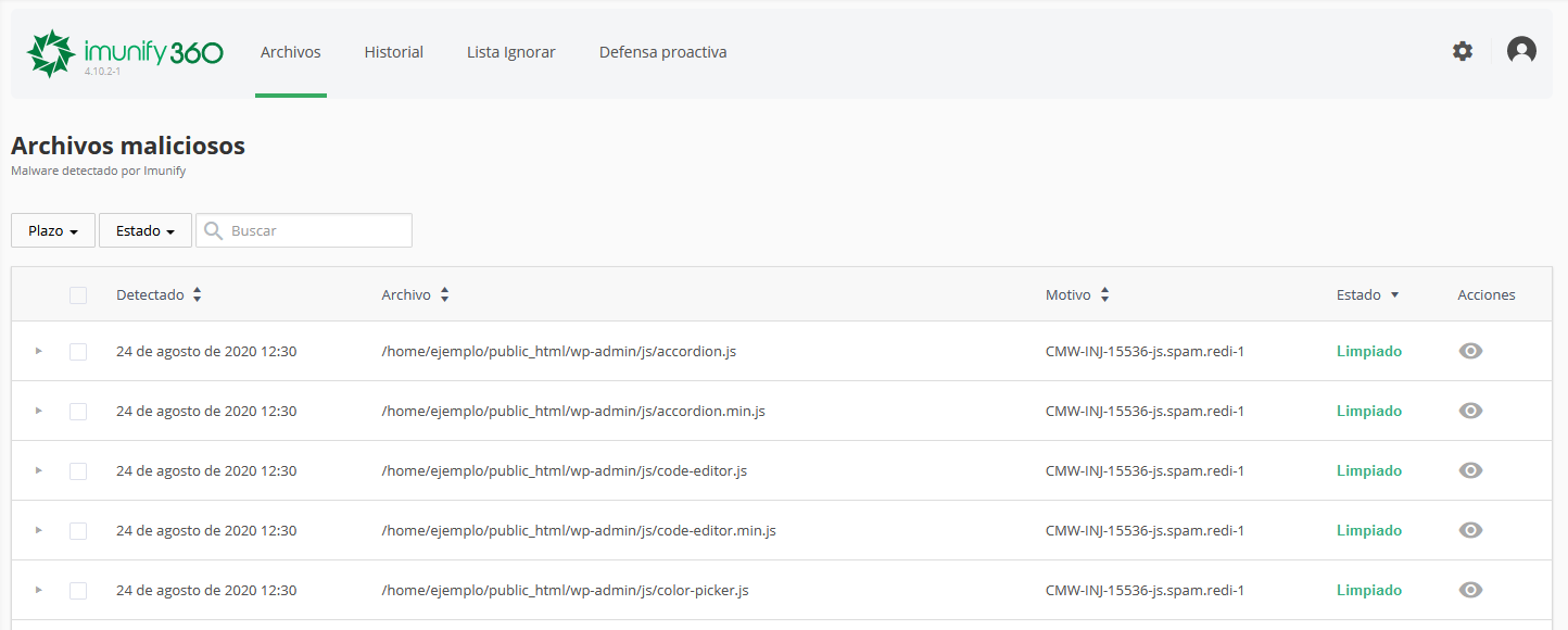 Sección Archivos de Imunify360