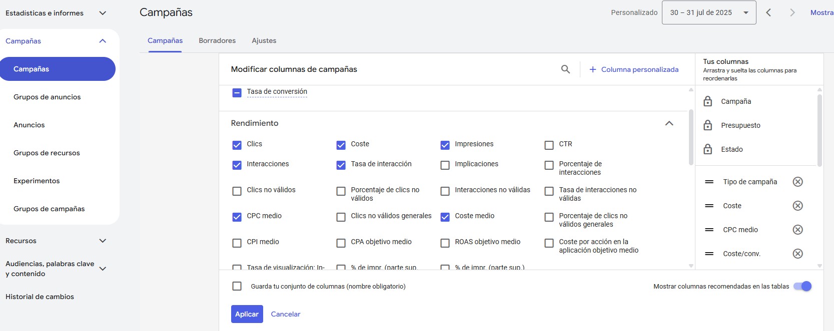 personalizar columnas en Google Ads