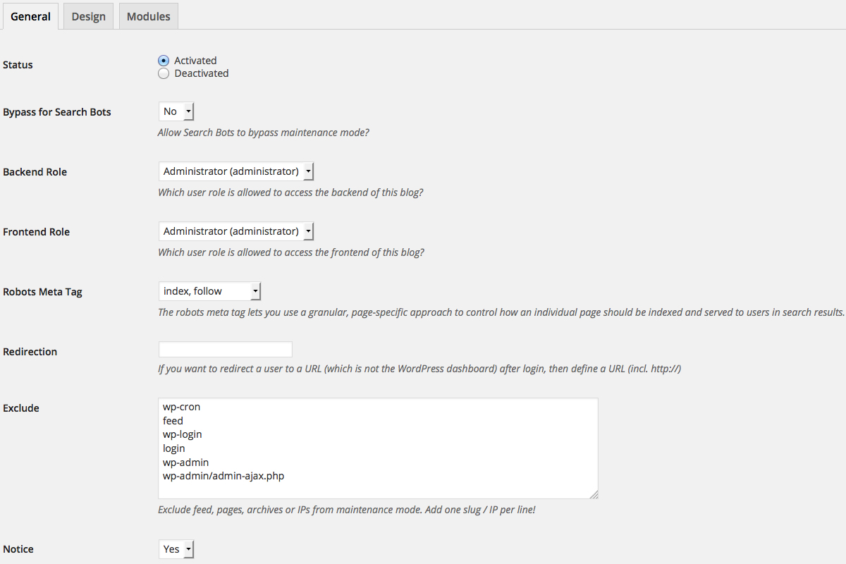 Ajustes del plugin WP Maintenance Mode