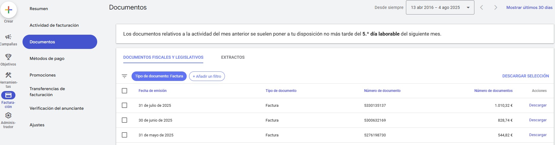descargar facturas en Google Ads