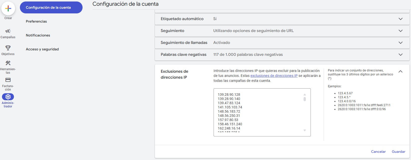 exclusiones de IP en Google Ads